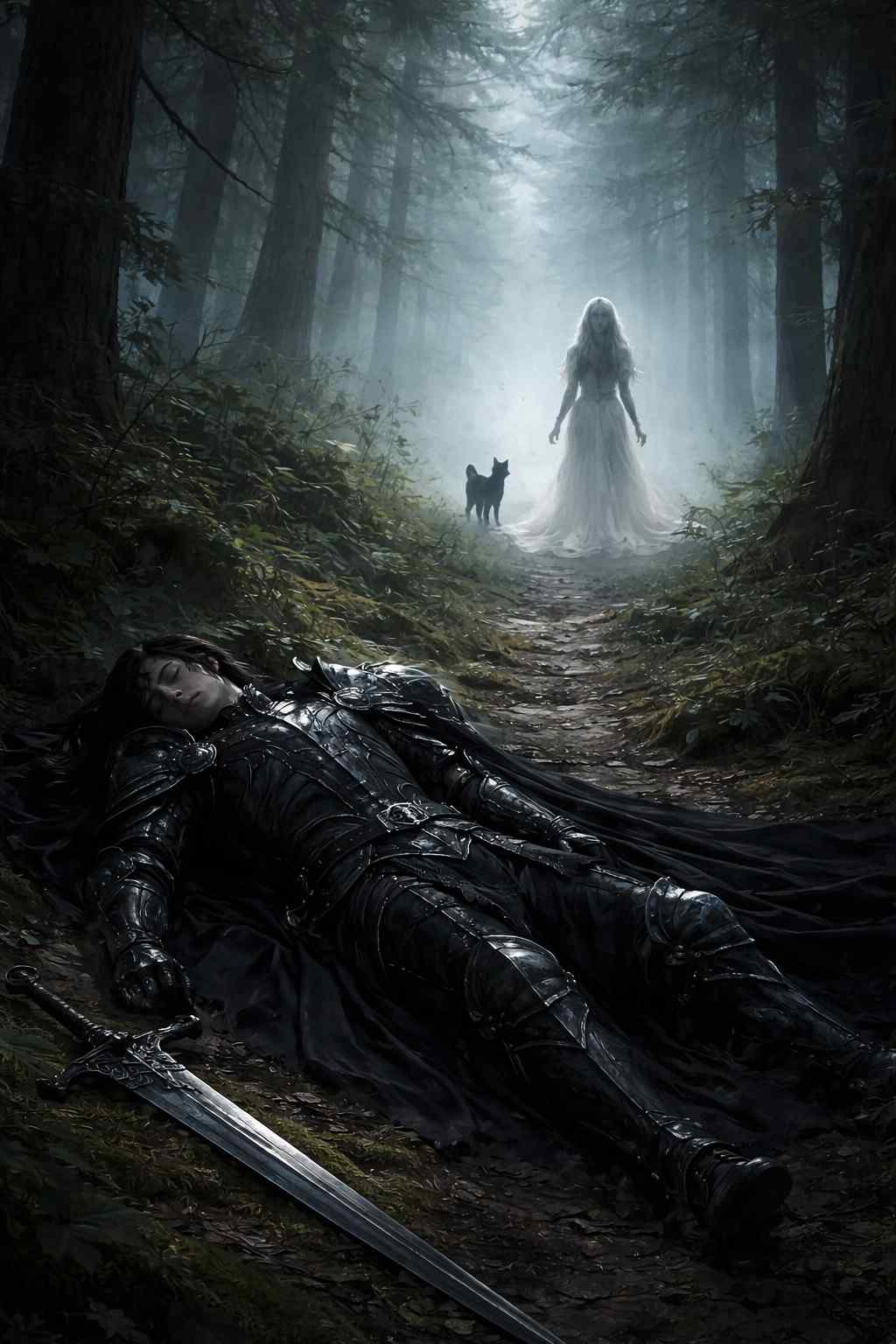 The king lies unconscious on the forest floor after the embrace, sword beside him