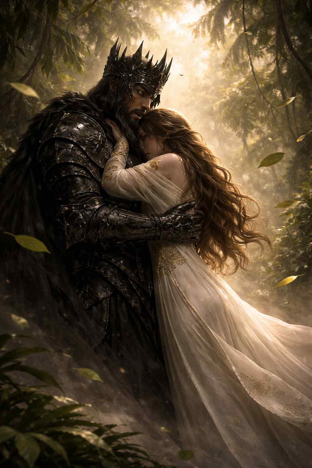 The bhootni embraces the stunned king in the jungle