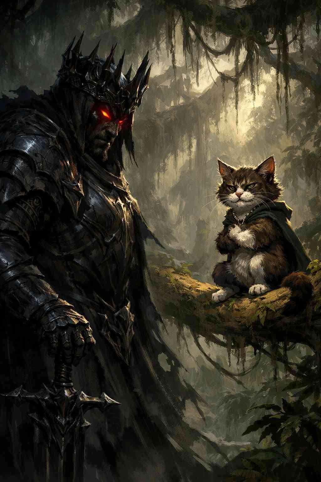 The King confronts the mysterious talking cat in the jungle