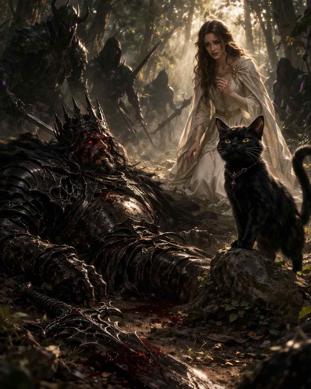 The wounded king lies defenseless as enemies surround him in the dark jungle