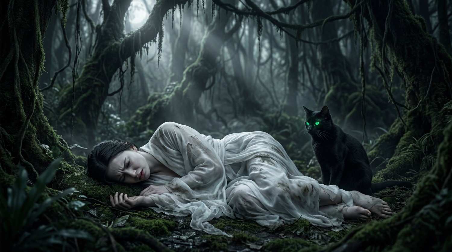 The bhootni lies unconscious as the king towers over her in the forest